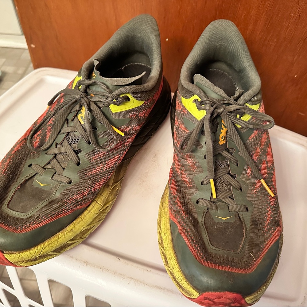 Hoka One One Men's Speedgoat 5 Trail Running Shoes - Gray, Yellow, and Red